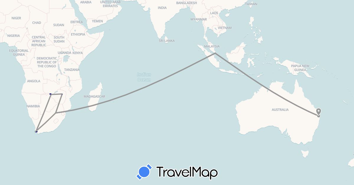 TravelMap itinerary: driving, plane in Australia, Singapore, South Africa, Zimbabwe (Africa, Asia, Oceania)